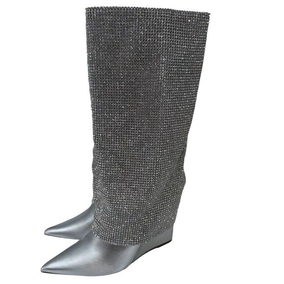 Steve Madden Size 5.5 M Riski Wedge‎ Rhinestone Boot Silver Embellished Crystal - Picture 1 of 10